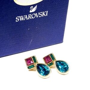 Vintage Swarovski Multi-Color Crystal Drop Earrings – Gold Tone – With Box